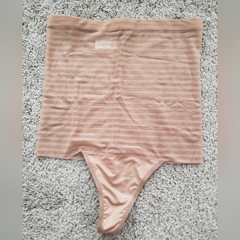 NEW! Tan Beige Thong Panty Lightly lined Tummy Cinched Girdle Womens size S/M